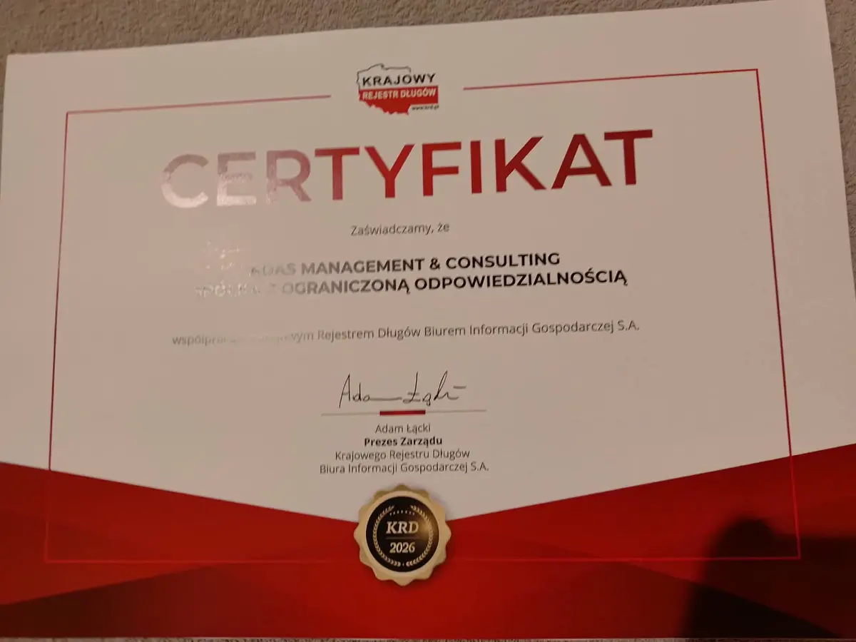KRD certificate confirming that ADAS Management & Consulting works with the National Debt Register, 2026