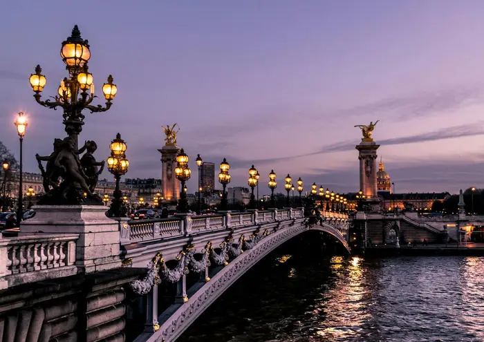 Pont Alexandre III in Paris, lit up at night