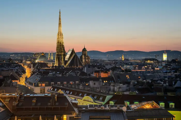 St. Stephen's Cathedral above the rooftops of Vienna in the evening light