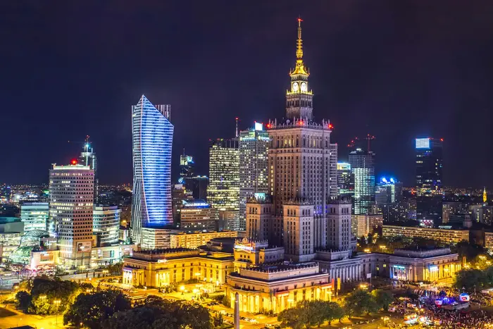 Warsaw skyscrapers lit up at night